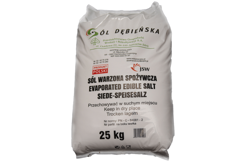 Sól Dębieńska warzona spożywcza bez substancji przeciwzbrylającej w opakowaniach 25 kg, półpaleta 250 kg