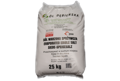 Sól Dębieńska warzona spożywcza bez substancji przeciwzbrylającej w opakowaniach 25 kg, paleta 1000 kg